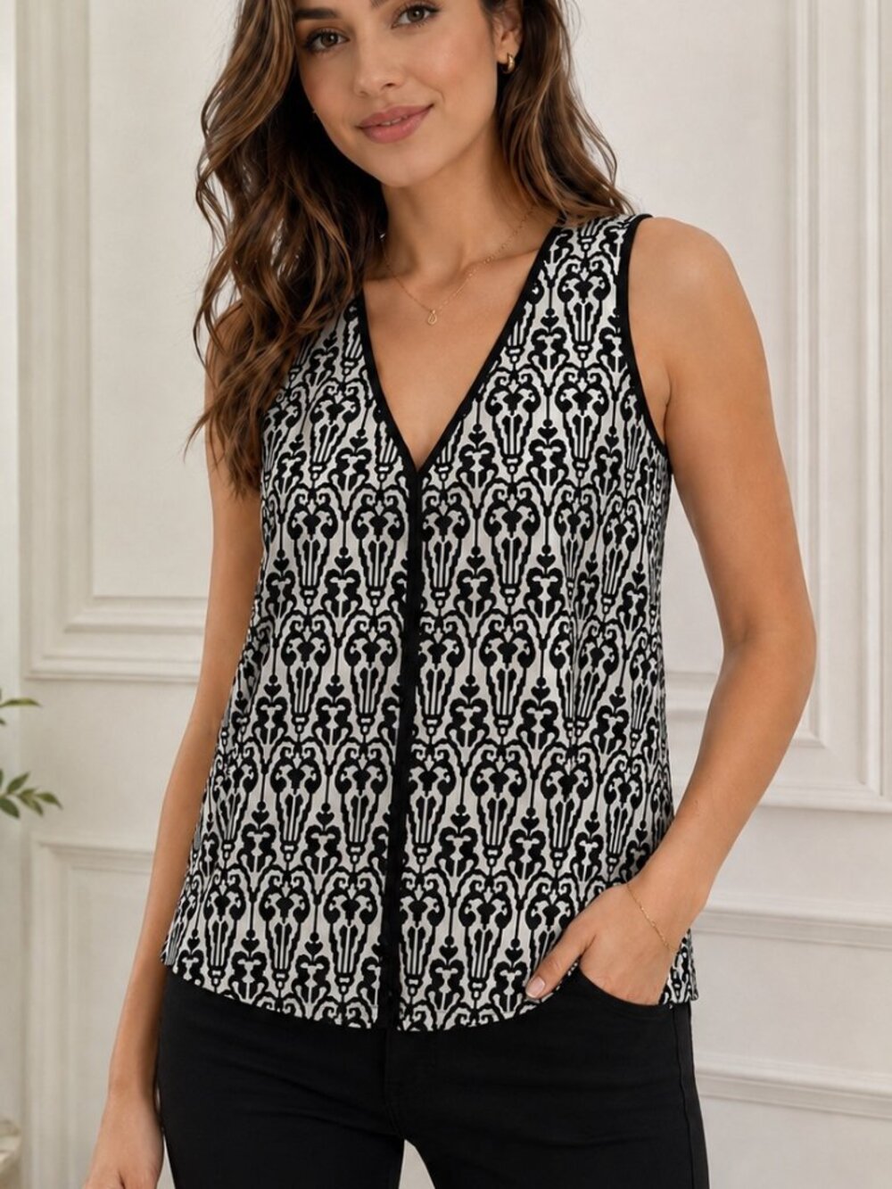 AQUA Black White Damask Scroll V-Neck Sleeveless Blouse Top M
